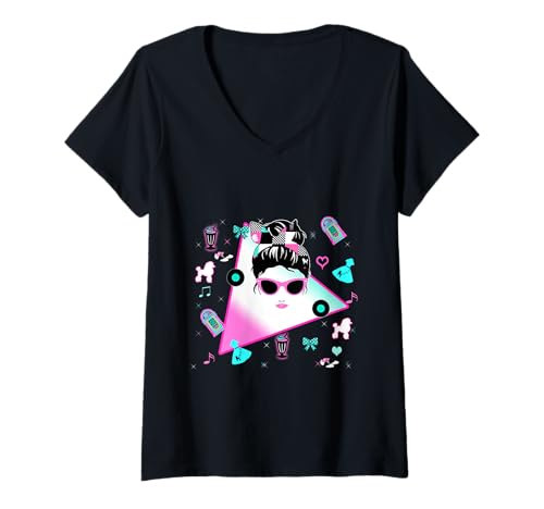 Damen Retro Vintage 50er 1950er Jahre Messy Bun Socke Hop Style Pink Teal T-Shirt mit V-Ausschnitt Damen Retro Vintage 50er 1950er Jahre Messy Bun Socke Hop Style Pink Teal T-Shirt mit V-Ausschnitt von Retro classic 50s 1950s Mid Century Tees N things