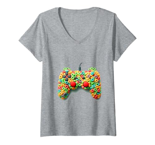Damen Retro Gamer Breakfast - Classic Game Controller T-Shirt mit V-Ausschnitt Damen Retro Gamer Breakfast - Classic Game Controller T-Shirt mit V-Ausschnitt von Retro-style controller covered in Fruit Loops