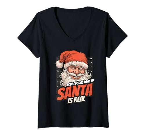 Damen Lustiger Weihnachtsmann-Witz in auffälliger Cartoon-Kunst T-Shirt mit V-Ausschnitt von Retro style design with skeptical Santa humor