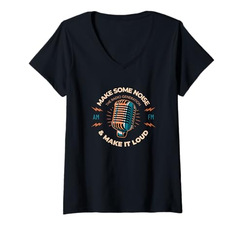 Damen Machen Sie etwas Lärm Radio AM/FM Retro Mikrofon Vintage Musik Design T-Shirt mit V-Ausschnitt von Retro throwback designs
