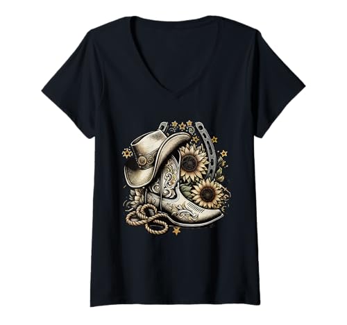 Damen Western Cowboystiefel Hufeisen Sonnenblume Seil Cowgirl Country T-Shirt mit V-Ausschnitt Damen Western Cowboystiefel Hufeisen Sonnenblume Seil Cowgirl Country T-Shirt mit V-Ausschnitt von Retro vintage Western Country Cowboy Rodeo Outfits