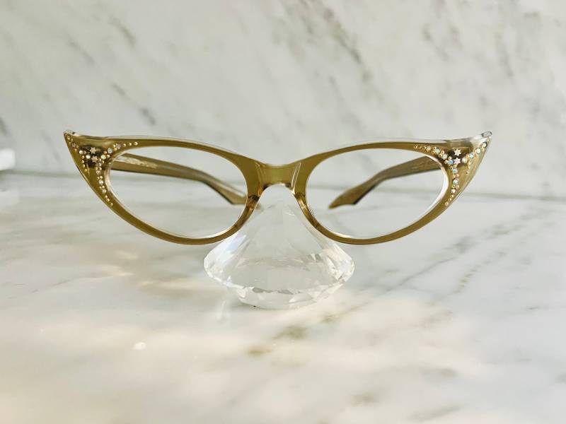 Unbenutztes Hellbraunes Vintage Katzenauge Mit Strasssteinchen von RetroCatEyewear