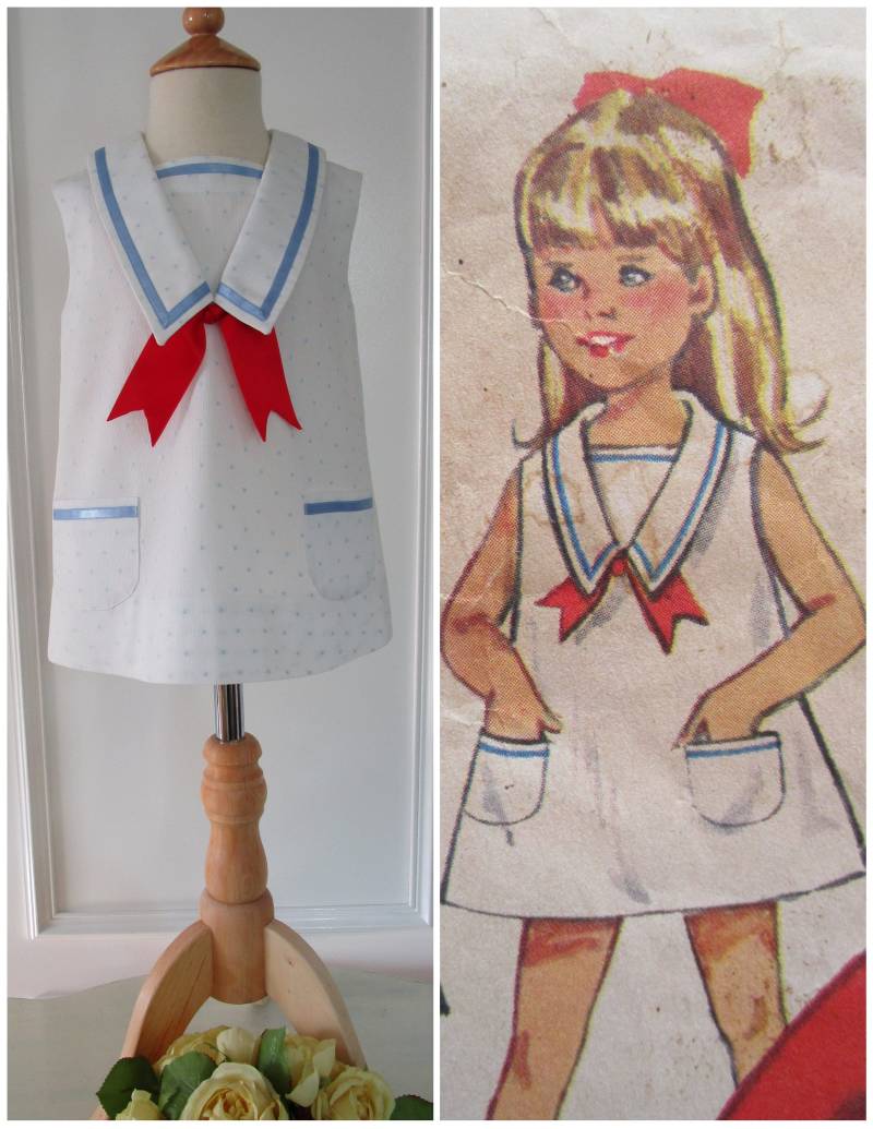 Mädchenkleid Weiß Mit Punkten Blau 12 Bis 18 Monate Vintage Jahr 1960/Dress Girl Marin White & Blue Months 1960 Es von RetroChoupinette