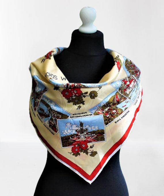 Beiger Schal Souvenir Vintage 70S Schweiz Florale Architektur Rot Blau Sommer Geschenk Für Sie von RetroFashionistaShop