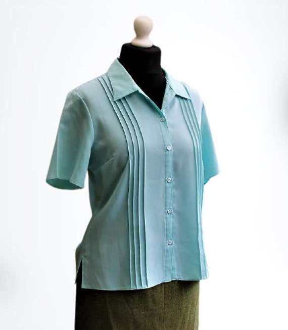 Bluse Grün Mint Vintage Frauen Büro Kurze Ärmel Sommer Shirt Größe L 14 von RetroFashionistaShop