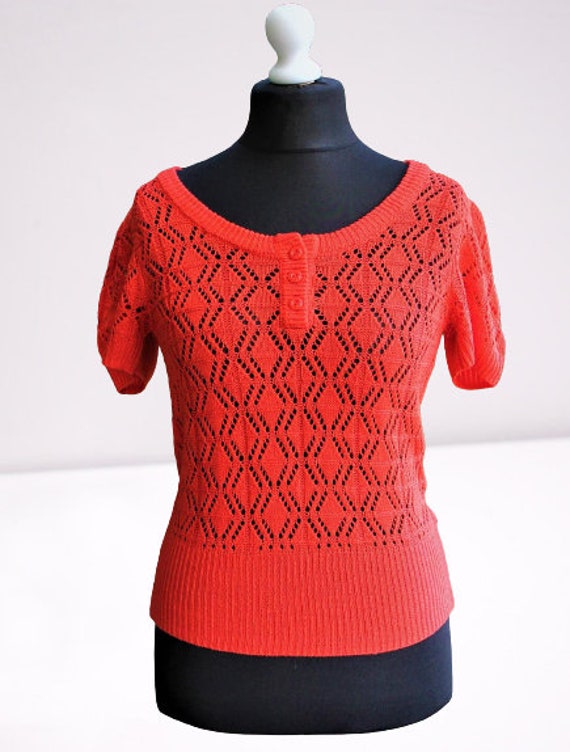 Bluse Orange Gestrickte Frauen Vintage Sommer Top Pullover Größe M - L von RetroFashionistaShop