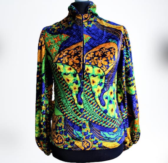 Bluse Vintage Abstraktes Grün Blau Gelb Handmade Neon Oberteil Tees Lange Ärmel Stehkragen Größe S von RetroFashionistaShop