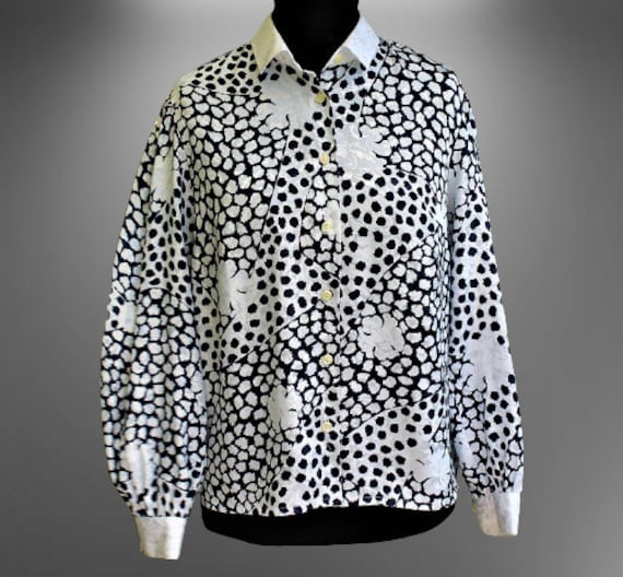 Bluse Weiß Blau Vintage Frauen Top Shirt 1980Er Jahre Lange Ärmel Geschenk Für Sie von RetroFashionistaShop