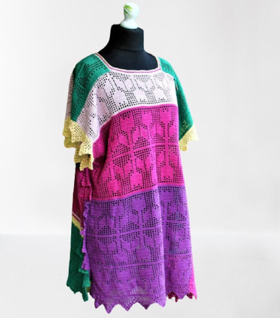 Gehäkelte Tunika Vintage Lila Weiß Kleid Grün Floral Frauen Boho Baumwolle Tulpen Geschenk Für Sie von RetroFashionistaShop