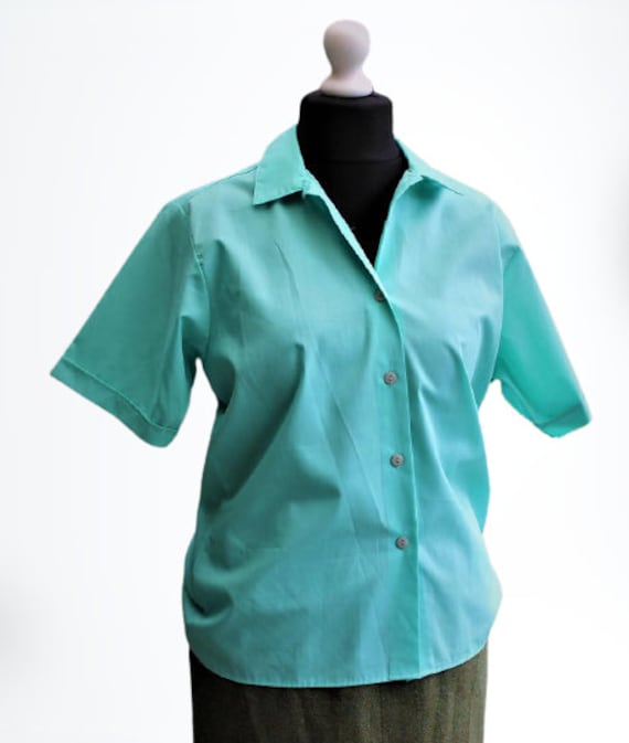 Grüne Bluse Shirt Vintage Mint Frauen Baumwolle Kurze Ärmel Mit Knöpfen 1980Er Jahre Größe L 14 von RetroFashionistaShop