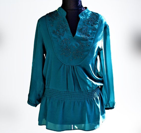 Grüne Vintage Frauen Bluse Oben Bestickt Cowboy Stil Größe L Geschenk Für Sie von RetroFashionistaShop