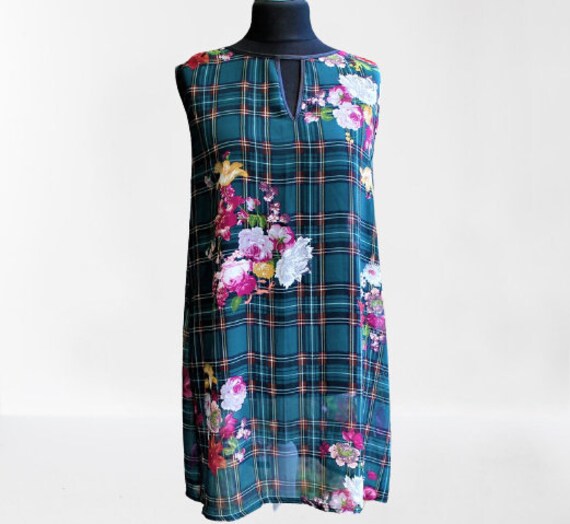 Grünes Vintage Tunika Kleid Chiffon Blumen Grau Karo Rosa Damen Transparent Geschenk Für Sie Gr. S M von RetroFashionistaShop