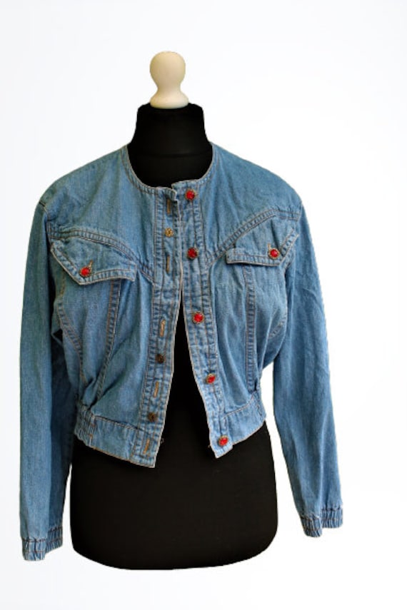 Jeans Blaue Jacke Vintage Frauen Bomber Mit Roten Knöpfen 1980S Größe M 38 12 Blazer von RetroFashionistaShop