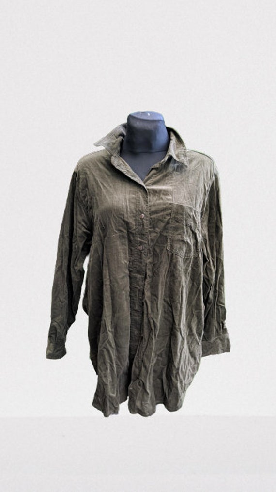 Khaki Grünes Samthemd Herrenhemd Unisex Vintage L - Xl 42 44 Eu von RetroFashionistaShop