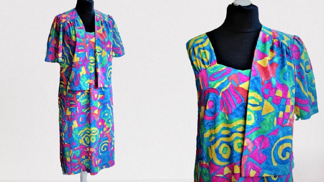 Kleid Kostüm Vintage Blau Rosa Gelb Damen Mit Jacke Kurzarm 1980Er Jahre Sommer Gr. M L von RetroFashionistaShop