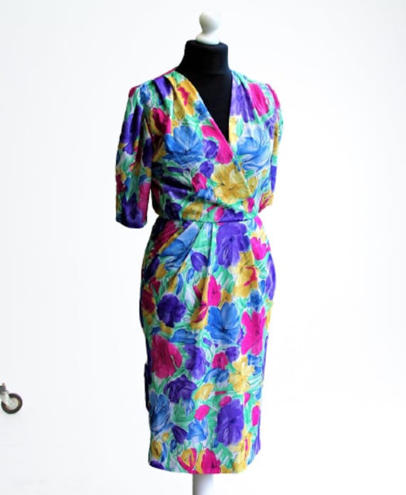 Kleid Vintage Blau Blumen Frauen Rosa Gelb Größe S von RetroFashionistaShop