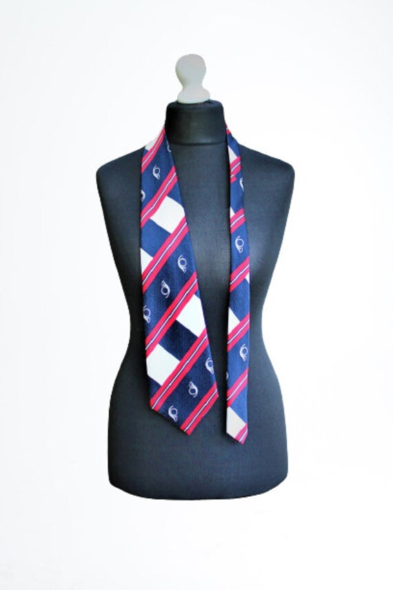 Krawatte Vintage Marine Blau Extra Breit Weiß Rot Männer Zubehör Trompete Henry Morell von RetroFashionistaShop