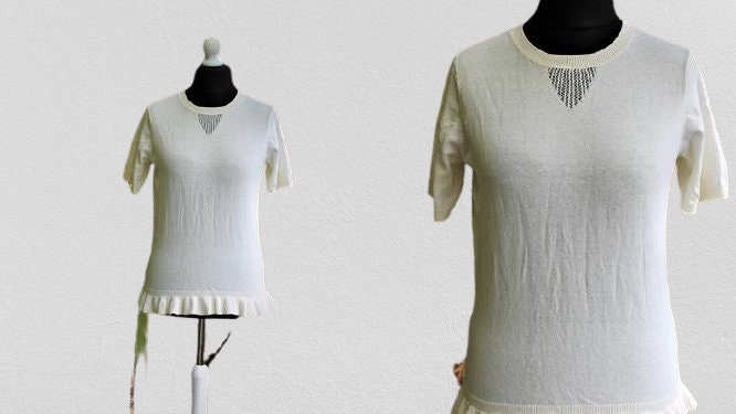 Pullover Weiß Vintage Bluse Kurze Ärmel Frau Sommer 90' Wellig Gestrickt M L Größe von RetroFashionistaShop