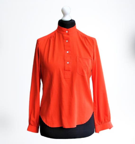Rot Orange Bluse Vintage Frauen Lange Ärmel Mit Knöpfen Monogramm R Größe M L von RetroFashionistaShop