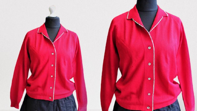 Roter Vintage Strickjacke Damen 60Er Jahre Kleidung Retro Mit Knöpfen Größe M L von RetroFashionistaShop