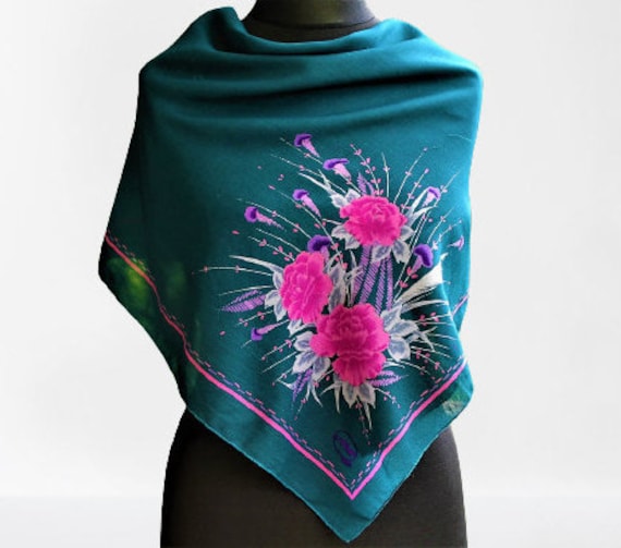Halstuch Vintage Grün Rosa Blumenmuster Damen Accessoire 80Er Jahre Geschenk Für Sie von RetroFashionistaShop