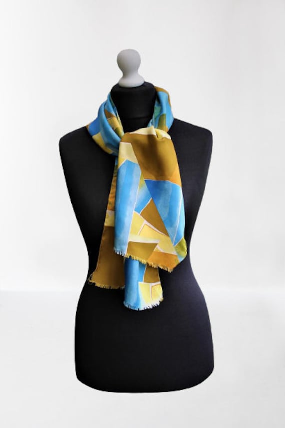 Schal Vintage Seide Geometrisch Gelb Senf Blau Unisex Sommer Geschenk Für Sie von RetroFashionistaShop