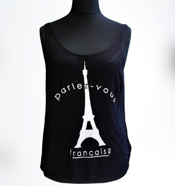 Schwarz Vintage T Shirt Frauen Eiffelturm Weiß Top Tees Bluse Sleevless Größe M L von RetroFashionistaShop