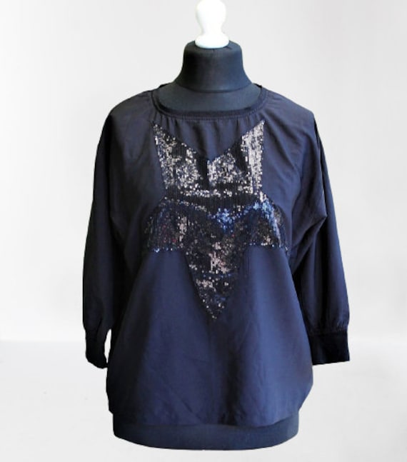 Schwarze Vintage Bluse Mit Glänzenden Stern Frauen Partei Disco Blouson Shimering Größe S-M 36/38 Geschenk Für Sie von RetroFashionistaShop
