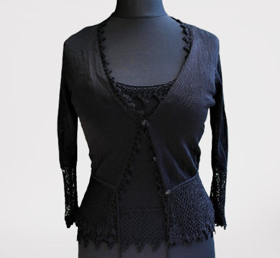 Schwarzes Strick Häkel Top Vintage Jacke Cardigan Bluse 2 Teilig Frauen Geschenk Für Sie Gr. 14/42 von RetroFashionistaShop