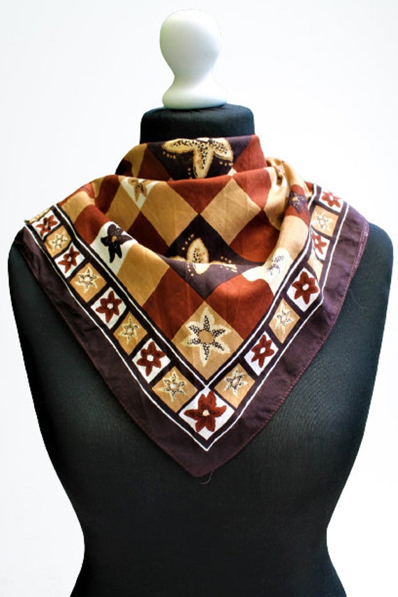 Vintage Brauner Geblümter Baumwollschal Mit Ornamenten, Kleines Geschenk Für Sie von RetroFashionistaShop