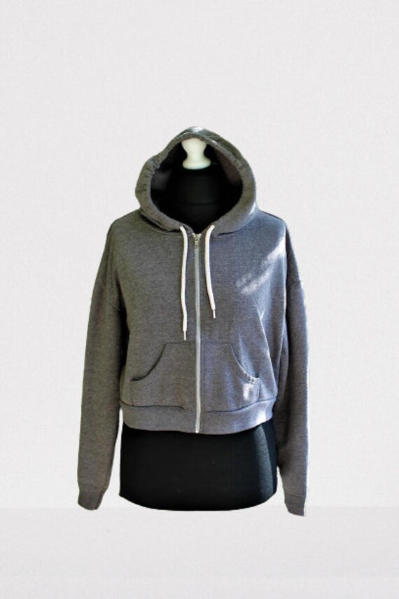 Vintage Grau Sport Jacke Bluse Kapuze Kurze Länge Frauen Größe M L von RetroFashionistaShop