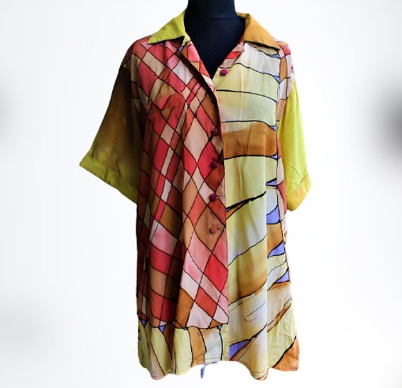 Vintage Große Größe Shirts Bluse Gelb Abstrakte Frauen Oben T-Shirts Senf Geschenk Für Ihre Oversize Xl von RetroFashionistaShop