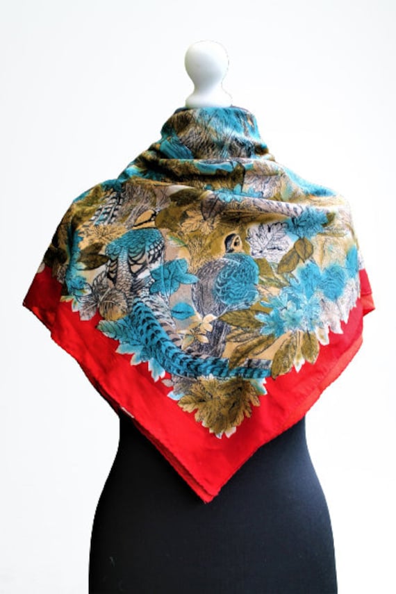 Vintage Halstuch Rot Blau Braun Vögel Muster 80Er Jahre Jäger Geschenk Für Sie von RetroFashionistaShop