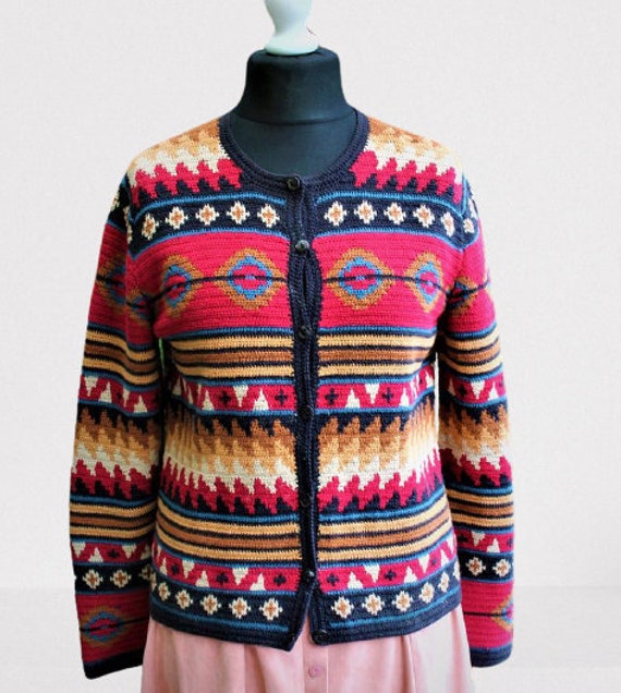 Vintage Gehäkelte Cardigan Pullover Frauen Rot Pendleton Gelb Blau Land Baumwolle Ornamenten Jacke von RetroFashionistaShop