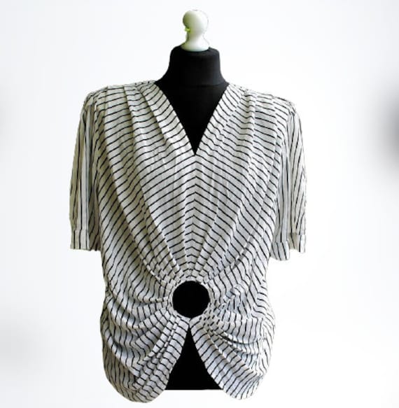 Weiß Gestreift Schwarz Vintage Top Bluse Frauen Geschenk Für Ihre 1980Er Jahre Größe L von RetroFashionistaShop
