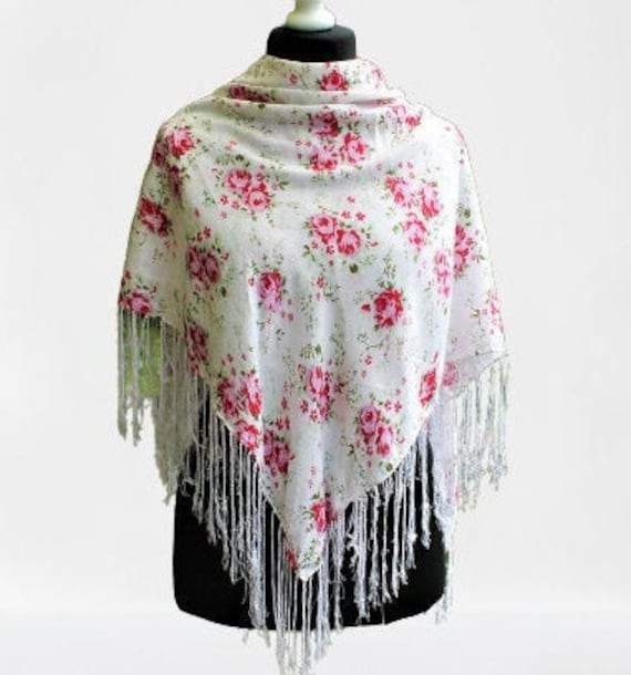 Schal Rosa Blumenmuster Mit Fransen Vintage Frauen Geschenk Für Ihren Sommer von RetroFashionistaShop