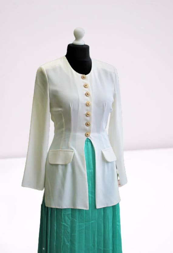 Weiße Jacke Lang Vintage Mit Goldenen Knöpfen Damen Abend 90Er Gr. S/Xs 36 Blazer von RetroFashionistaShop