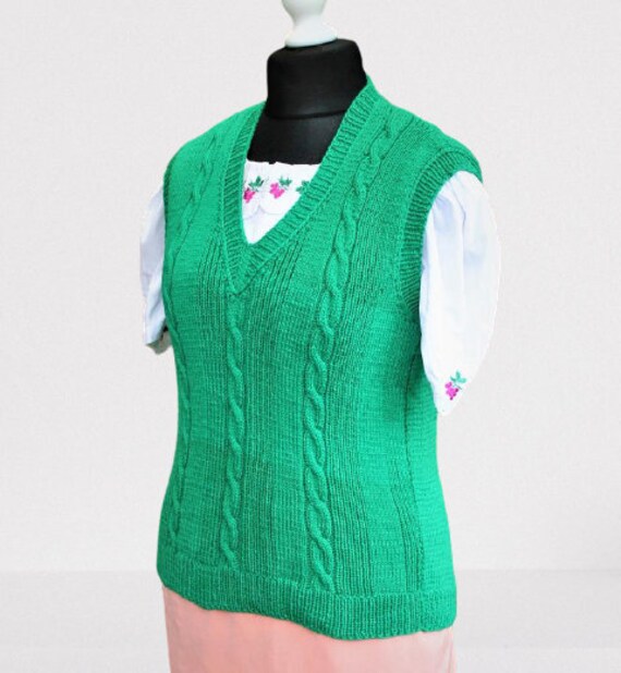 Weste Grün Vintage Hand Gestrickter Wollpullover Sleevless Unisex Größe M von RetroFashionistaShop