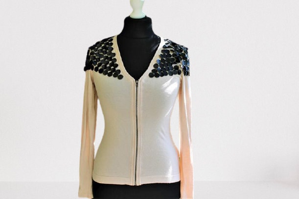 strickjacke Vintage Beige Schwarz Sweater Mit Reißverschluss Damen Gr.s M von RetroFashionistaShop