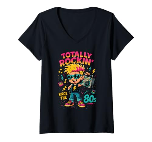 Damen Totally Rockin 80er Jahre Kinder Retro Rock & Roll T-Shirt mit V-Ausschnitt Damen Totally Rockin 80er Jahre Kinder Retro Rock & Roll T-Shirt mit V-Ausschnitt von RetroRock Vibes
