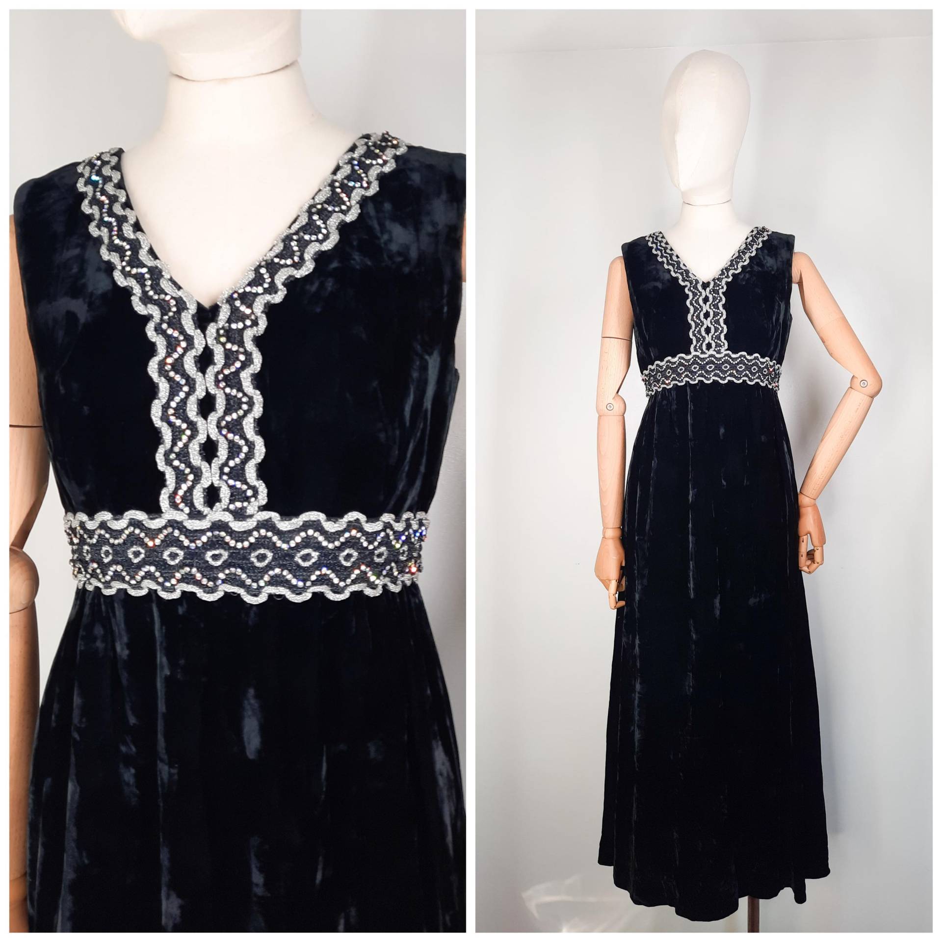 Vintage 60Er Jahre Glam Schwarzer Samt & Silber Details Maxi Kleid Xs 1960Er Vintage 60Er Jahre Glam Schwarzer Samt & Silber Details Maxi Kleid Xs 1960Er von RetroRouteVintage