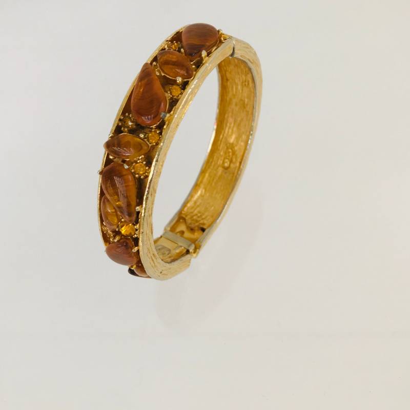 Vintage Art Klemm-Armband Strass & Bernsteinfarbenes Glas, Modeschmuck von RetroRunwayVintage