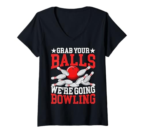 Damen Lustige Retro-Bowling-Grafik mit Pins T-Shirt mit V-Ausschnitt Damen Lustige Retro-Bowling-Grafik mit Pins T-Shirt mit V-Ausschnitt von RetroSport Designs