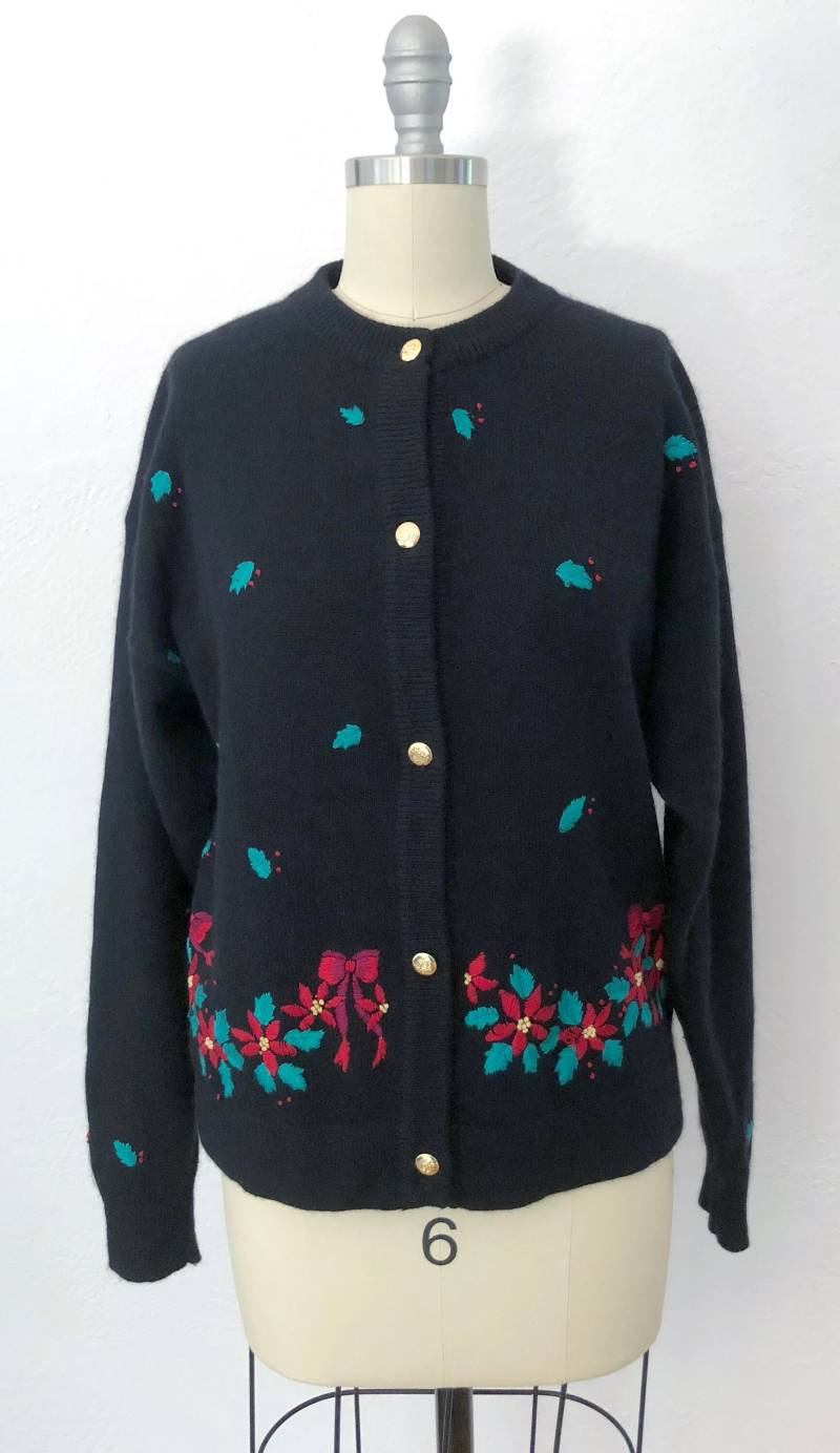 1960S Bestickte Weihnachtsstern-strickjacke Weihnachtspullover Aus Lammwolle | Größe M von RetroSuzysVintage