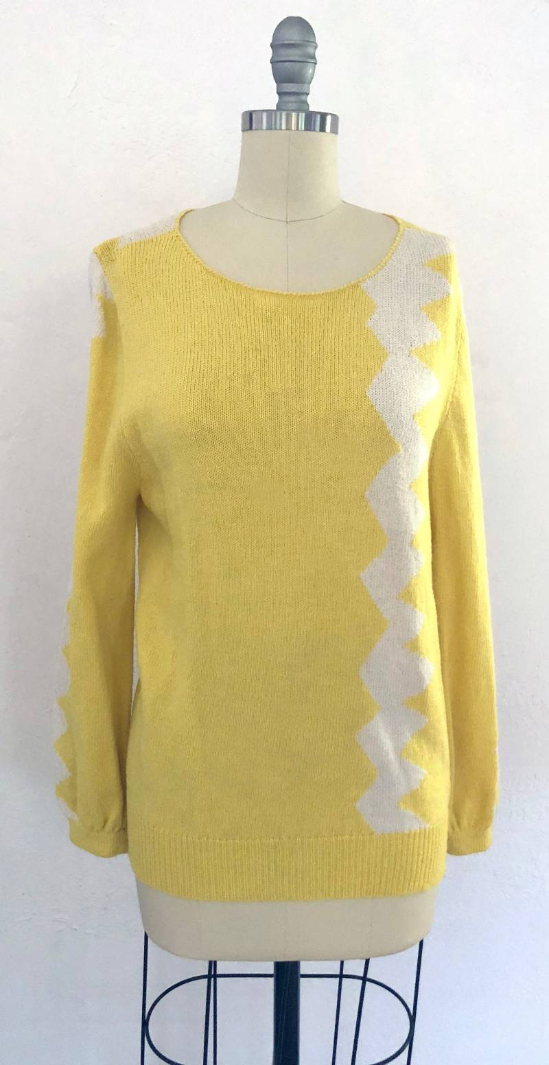 1980Er Jahre Gelber Chevron Strickpullover Frühlingspulli | Mittel Langarm Tunika Baggy-Oversized von RetroSuzysVintage