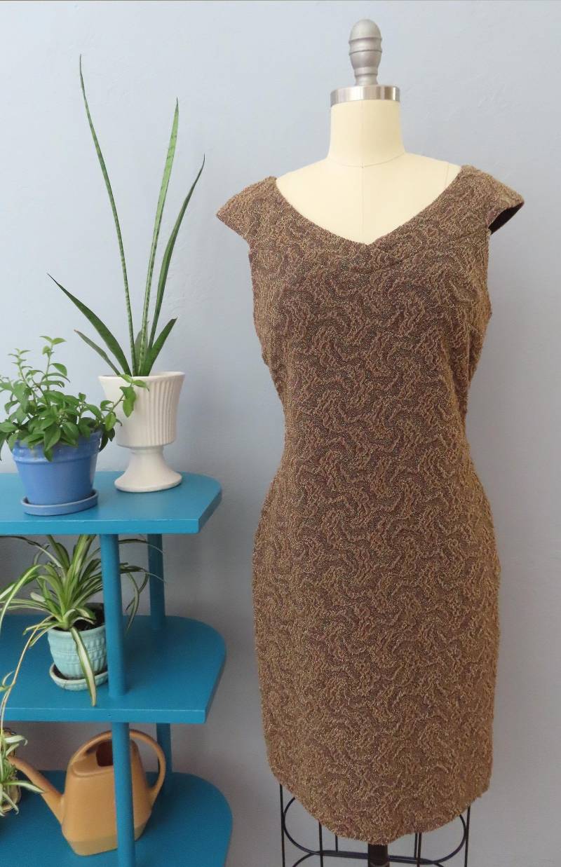 1980S J. Ribhoff Couture Bronze Sparkle Strick Figurbetontes Kleid | S von RetroSuzysVintage