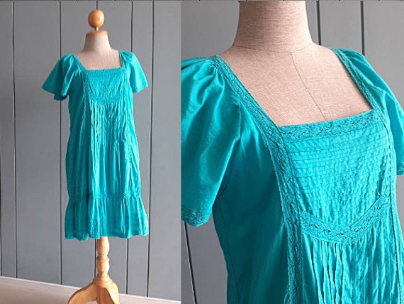 Zierliches Sommer Baumwoll Kleid - 90Er Blau Türkis Urlaubs Wochenend Reines Spitzen von RetroTheory