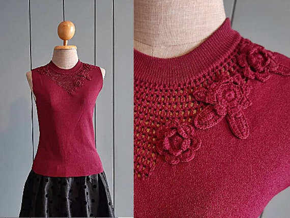 S - M 80Er Jahre Herbst Winter Strick Top Bordeaux Rot Ärmellos Pullover Bluse von RetroTheory