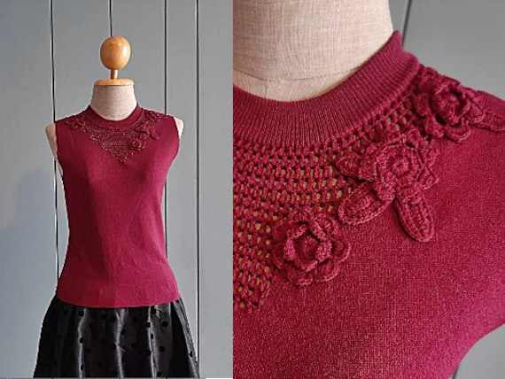 S - M 80Er Jahre Herbst Winter Strick Top Bordeaux Rot Ärmellos Pullover Bluse von RetroTheory
