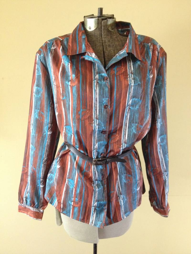 Jahrgang 1970 Damen Bluse Braun Petrol Blau Button Bis Hübsche Blatt Muster Größe M/L von RetroZingo